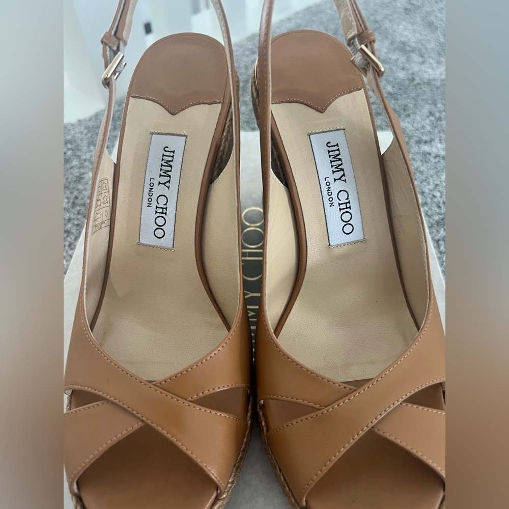 Jimmy Choo Carmel Brown Leather Wedge Sandals - Picture 4 of 13